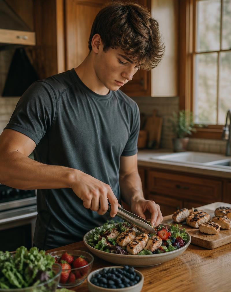 A teenage student athlete preparing a colorful, nutritious meal