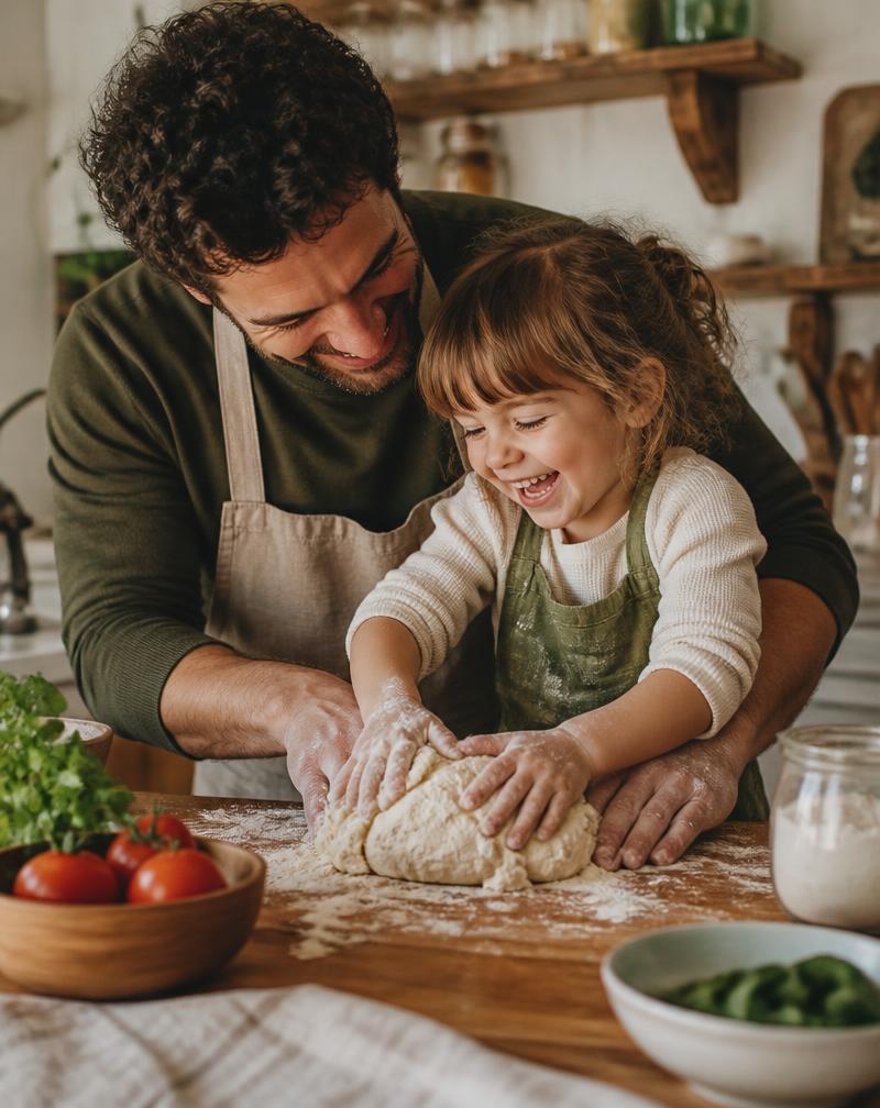 A parent and young child kneading dough together in a home kitchen