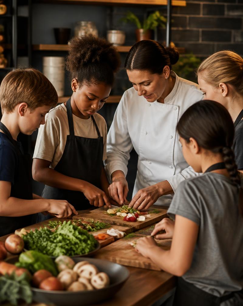 A small group of students learning to cook together with an instructor