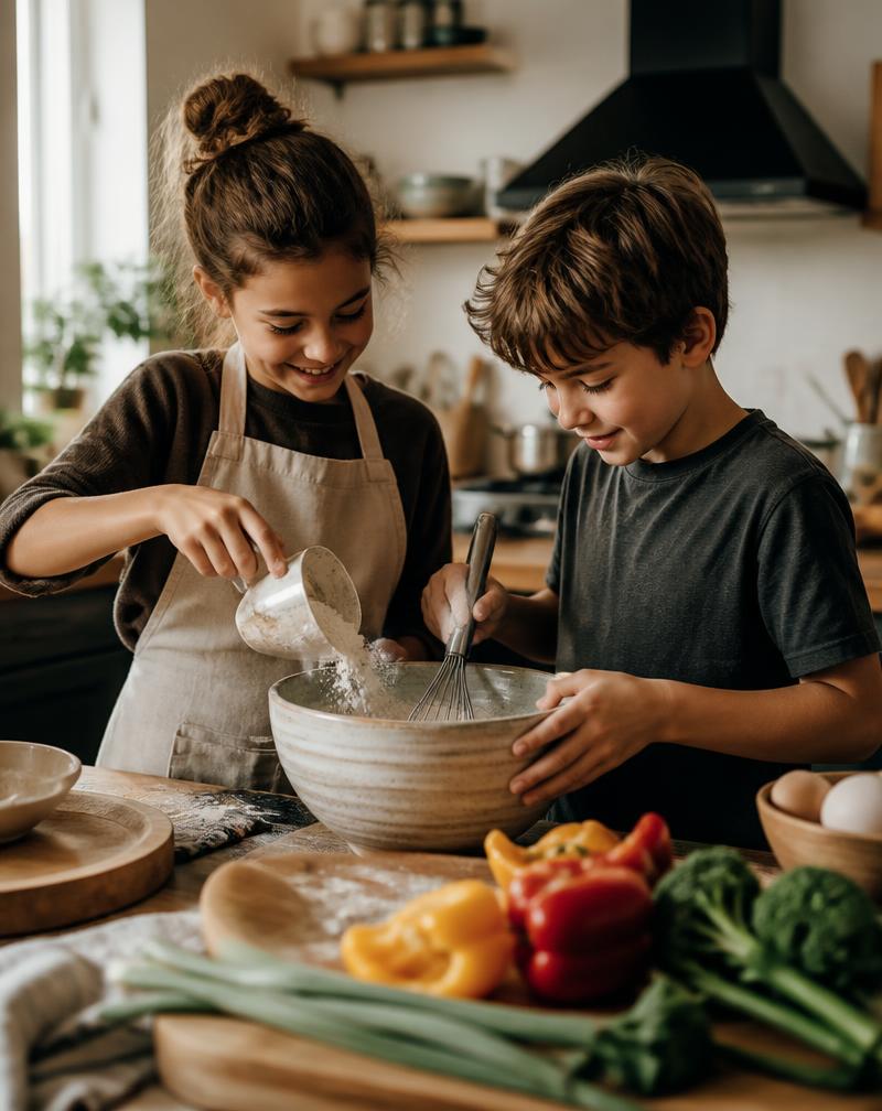 Two young students measuring and mixing ingredients in a warm kitchen